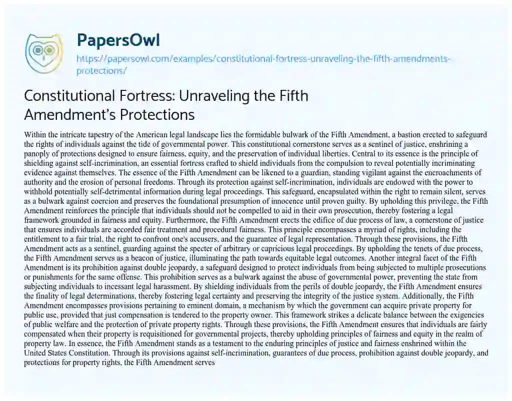 Essay on Constitutional Fortress: Unraveling the Fifth Amendment’s Protections