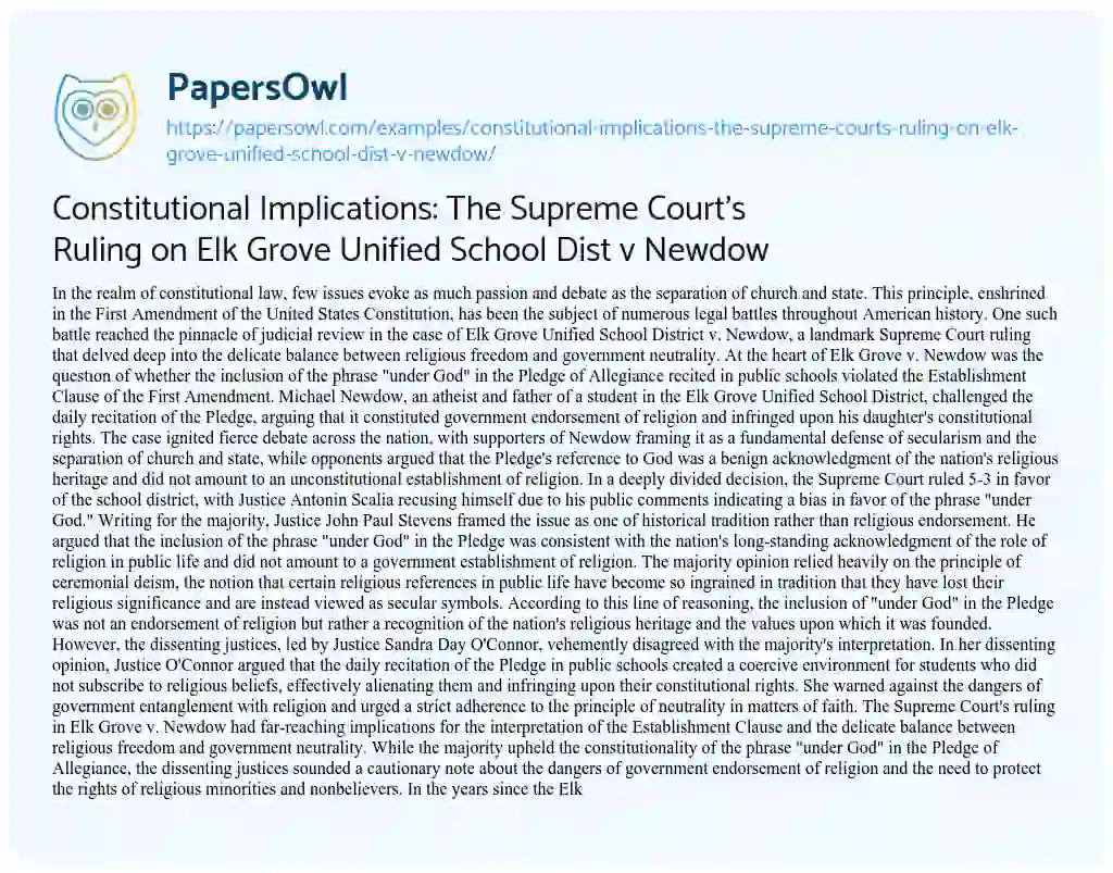 Essay on Constitutional Implications: the Supreme Court’s Ruling on Elk Grove Unified School Dist V Newdow