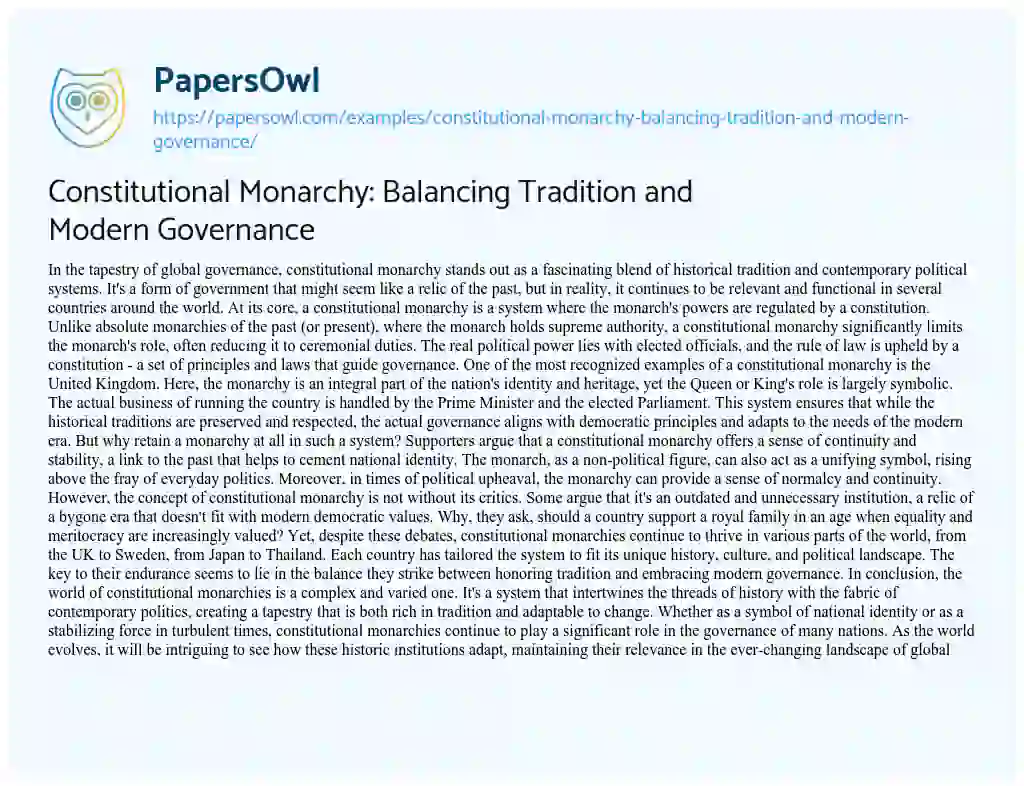Essay on Constitutional Monarchy: Balancing Tradition and Modern Governance
