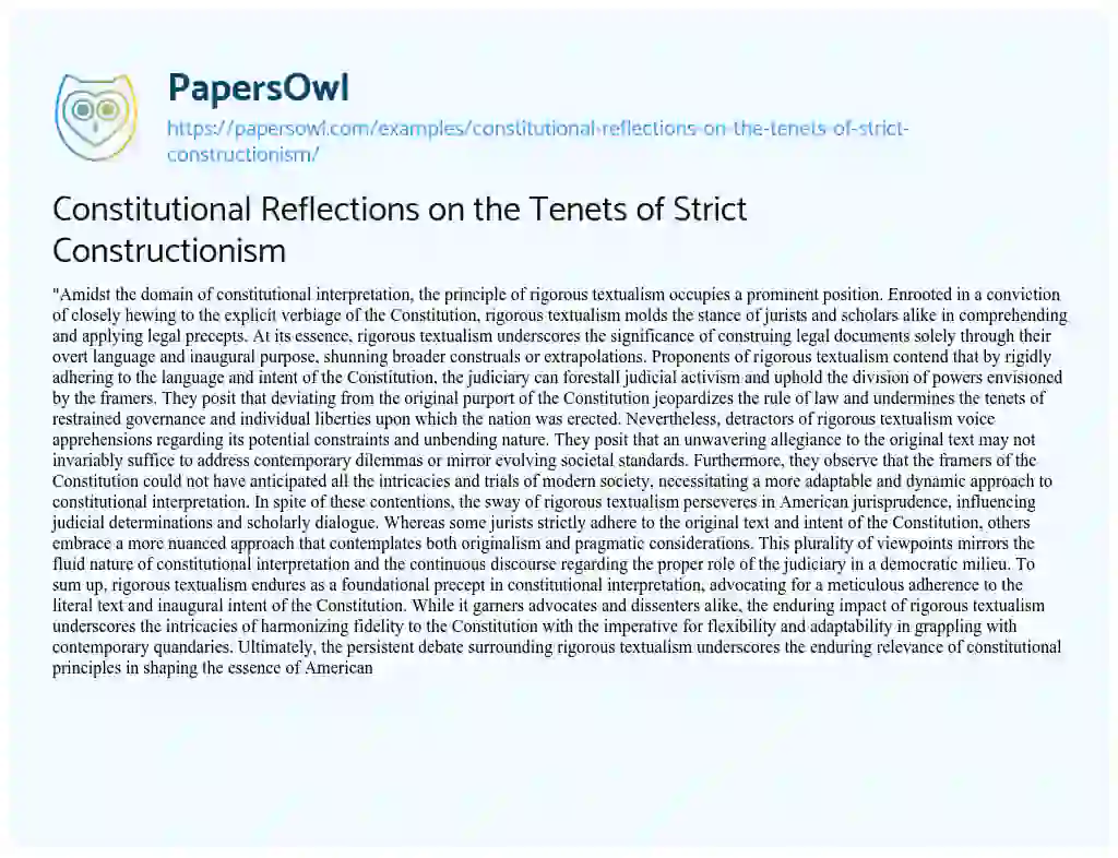 Essay on Constitutional Reflections on the Tenets of Strict Constructionism