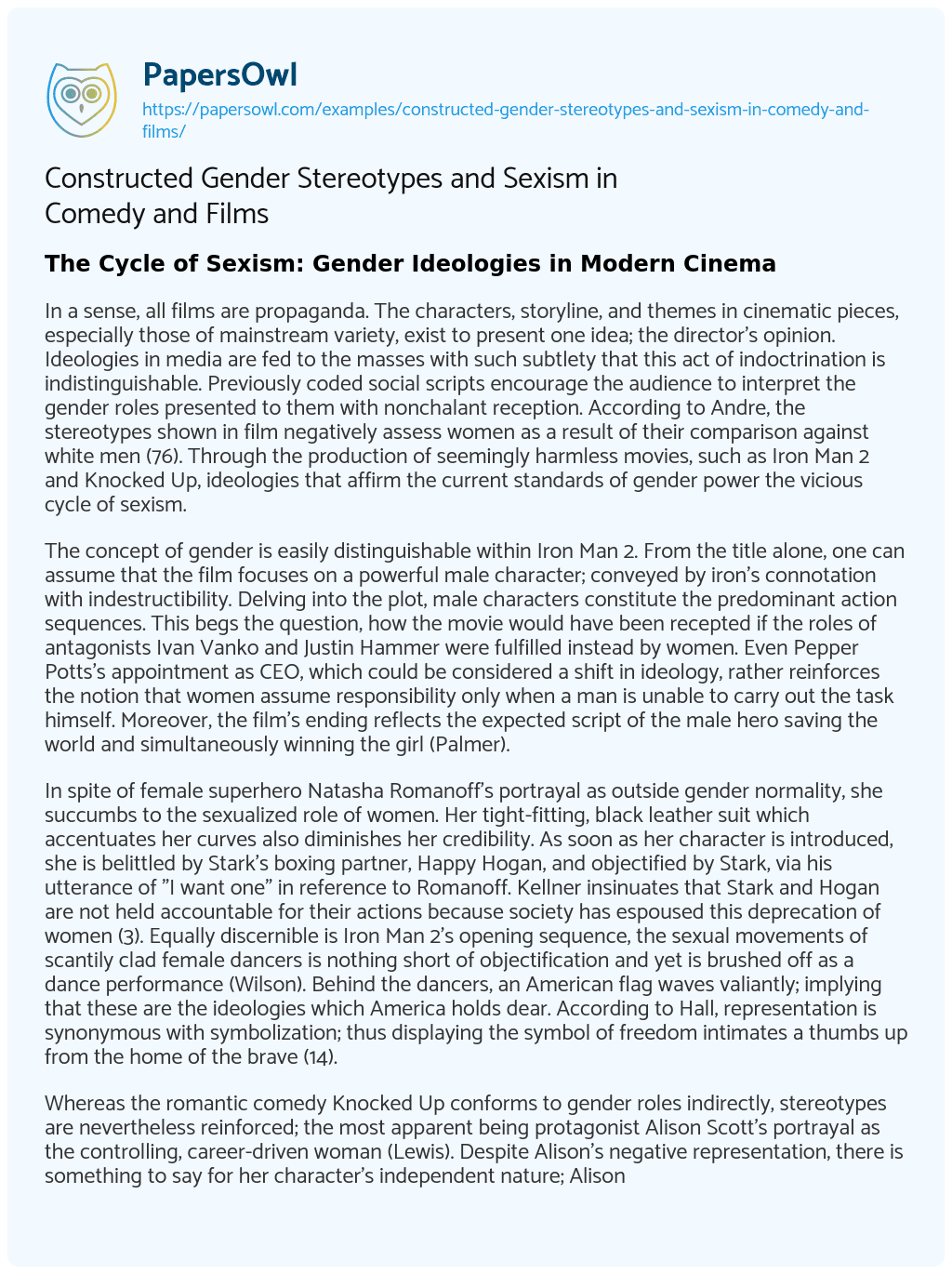 Constructed Gender Stereotypes And Sexism In Comedy And Films Free Essay Example 785 Words