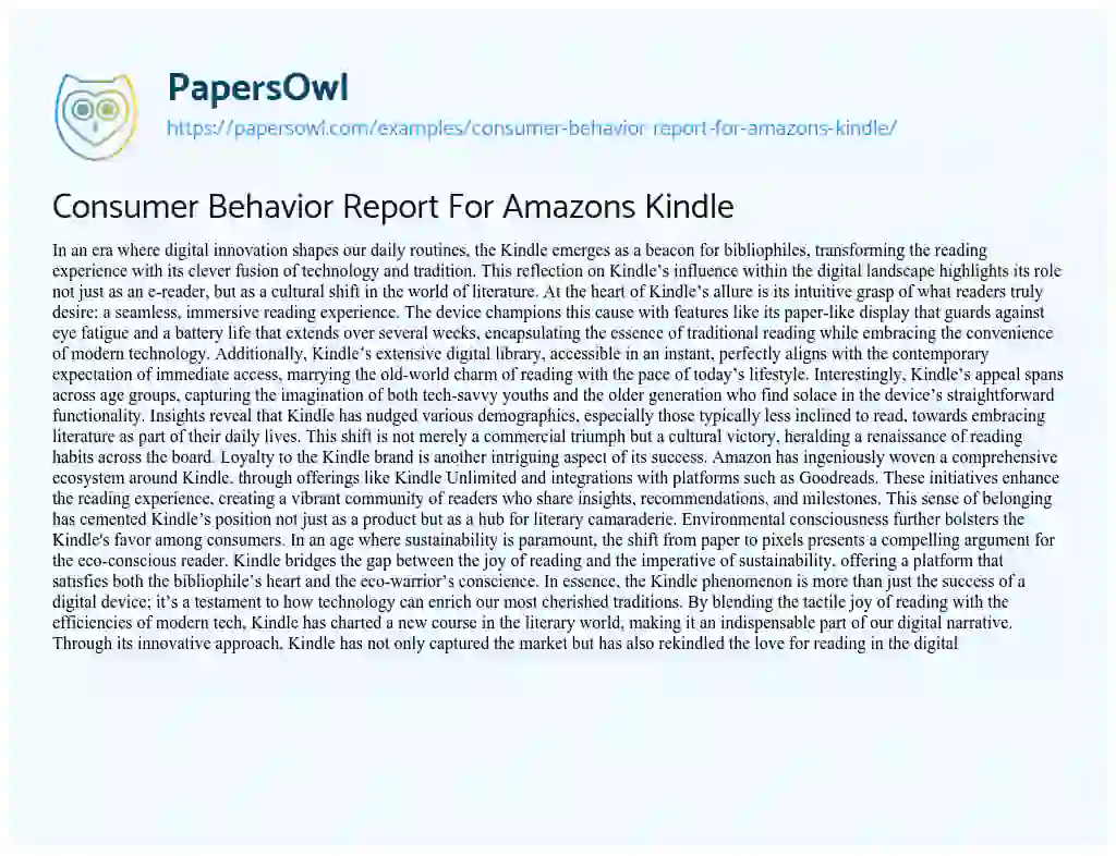 Essay on Consumer Behavior Report for Amazons Kindle