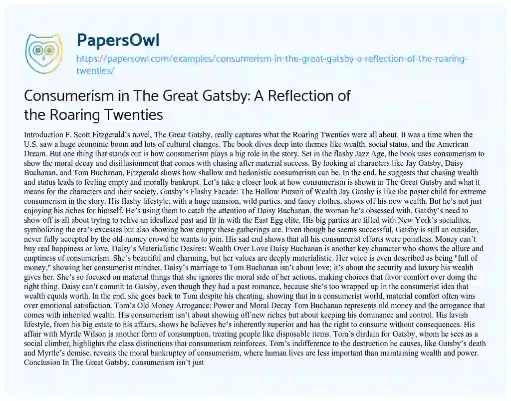 Essay on Consumerism in the Great Gatsby: a Reflection of the Roaring Twenties