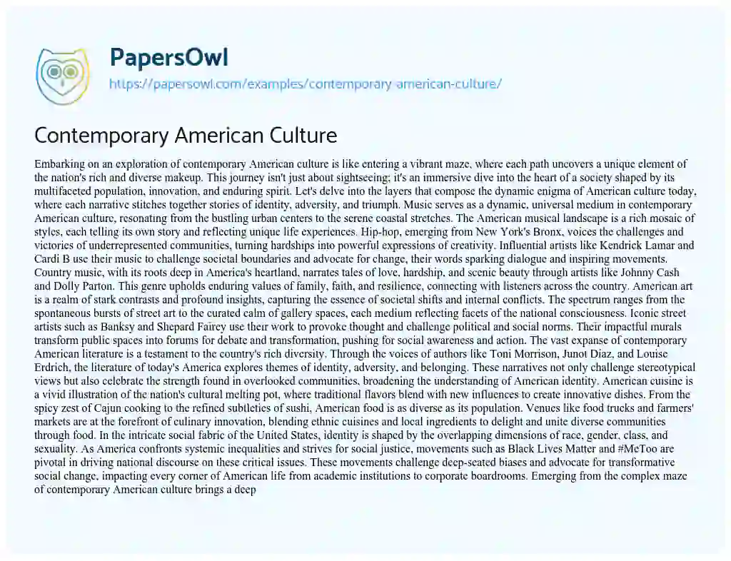 Essay on Contemporary American Culture