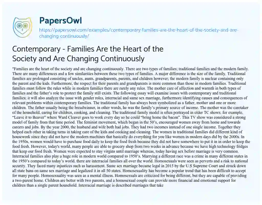 Essay on Contemporary – Families are the Heart of the Society and are Changing Continuously
