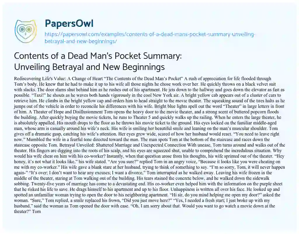 Essay on Contents of a Dead Man’s Pocket Summary: Unveiling Betrayal and New Beginnings