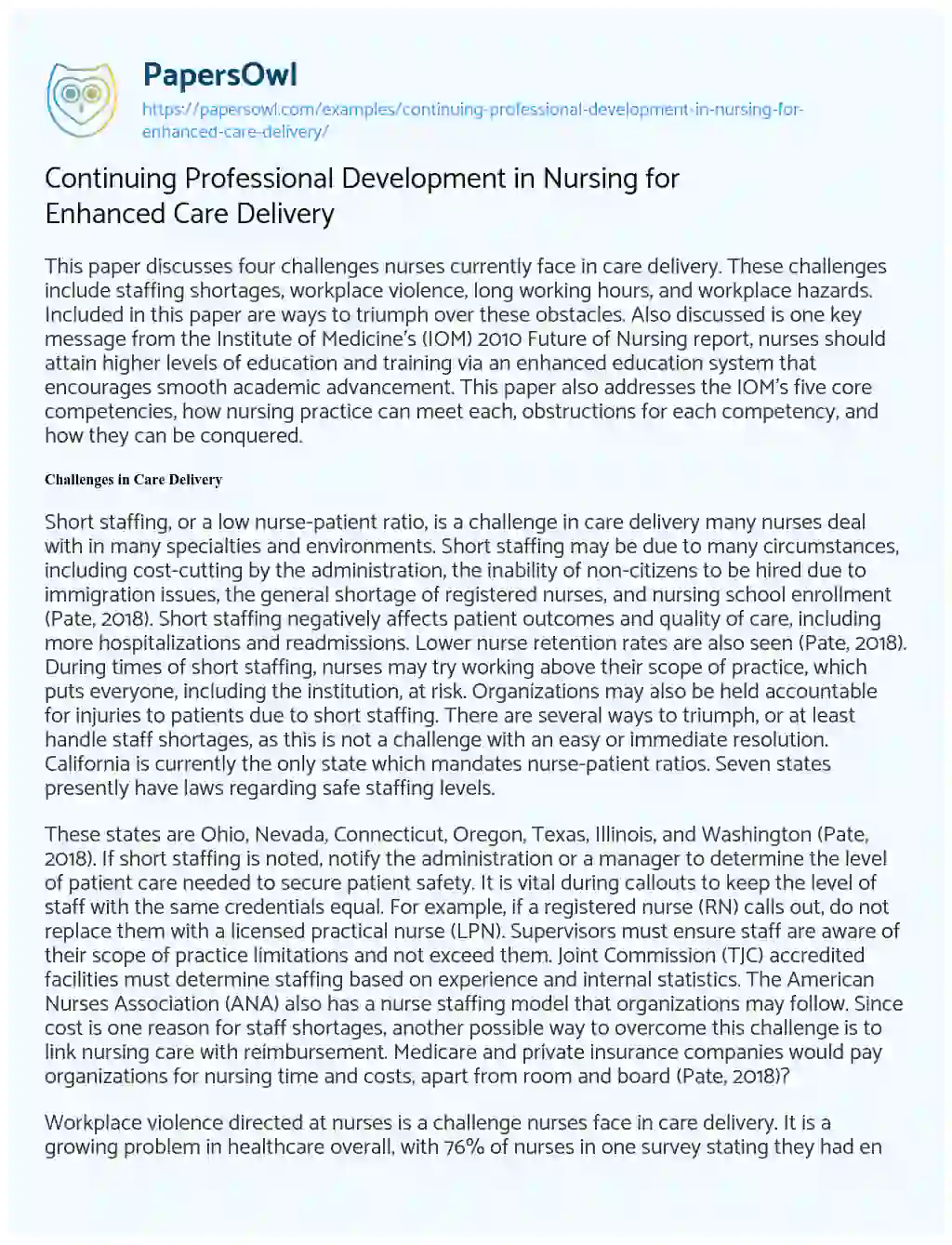 Essay on Continuing Professional Development in Nursing for Enhanced Care Delivery