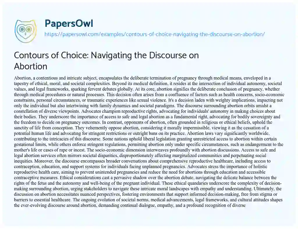 Essay on Contours of Choice: Navigating the Discourse on Abortion