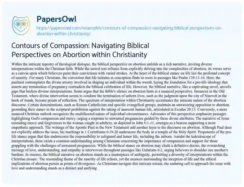 Essay on Contours of Compassion: Navigating Biblical Perspectives on Abortion Within Christianity