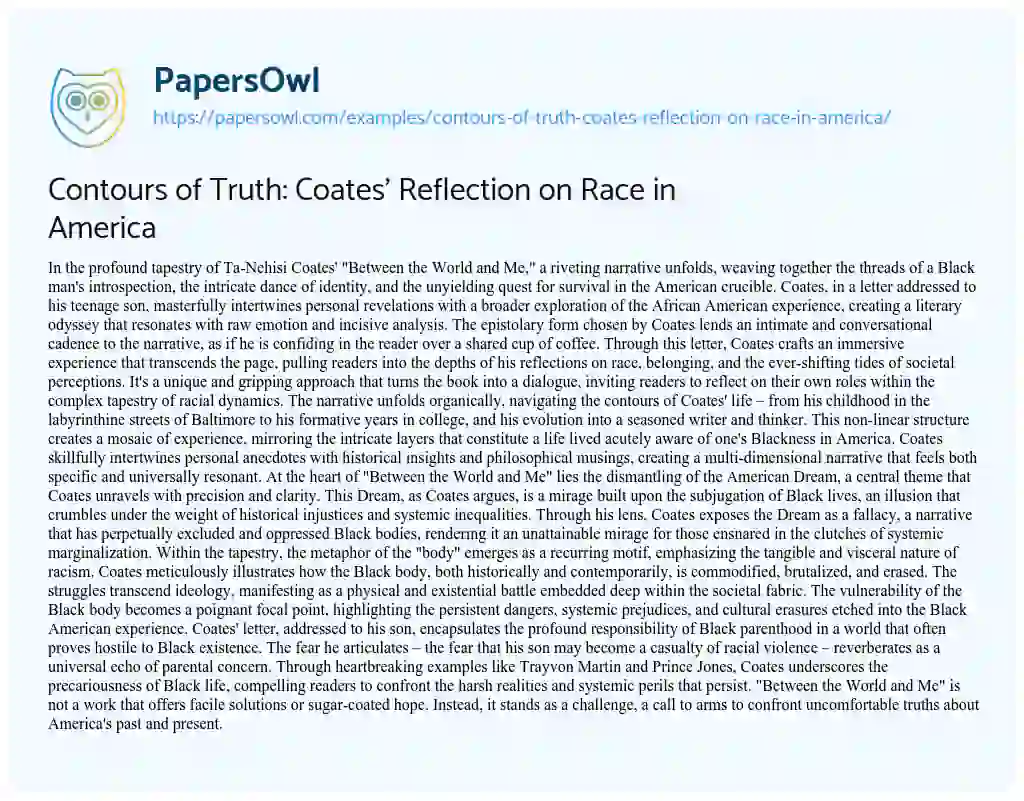 Essay on Contours of Truth: Coates’ Reflection on Race in America