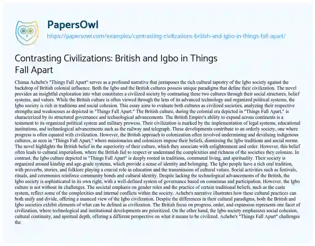 Essay on Contrasting Civilizations: British and Igbo in Things Fall Apart