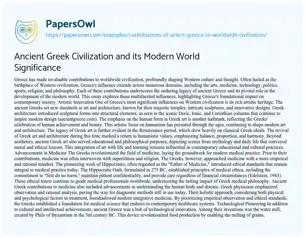 Essay on Ancient Greek Contributions to Western Civilization