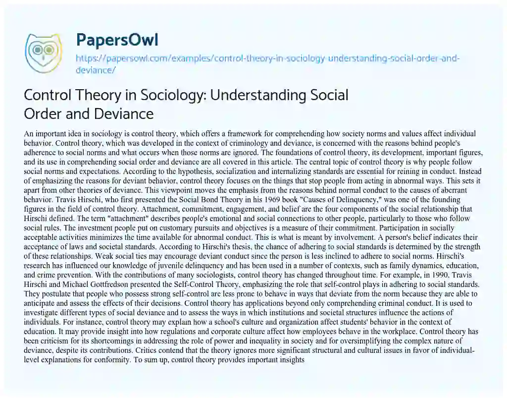 Essay on Control Theory in Sociology: Understanding Social Order and Deviance