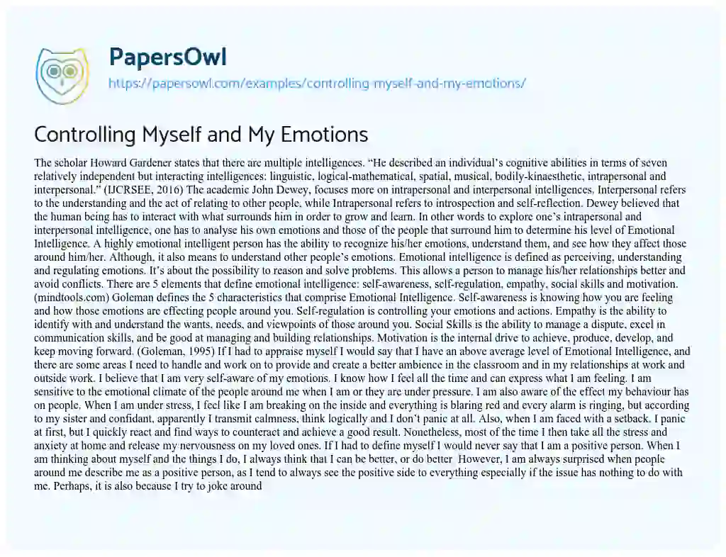 Essay on Controlling myself and my Emotions