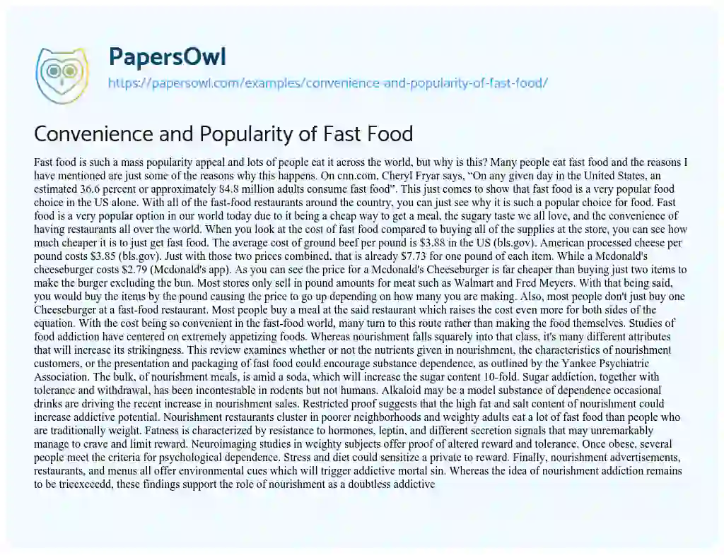 Essay on Convenience and Popularity of Fast Food