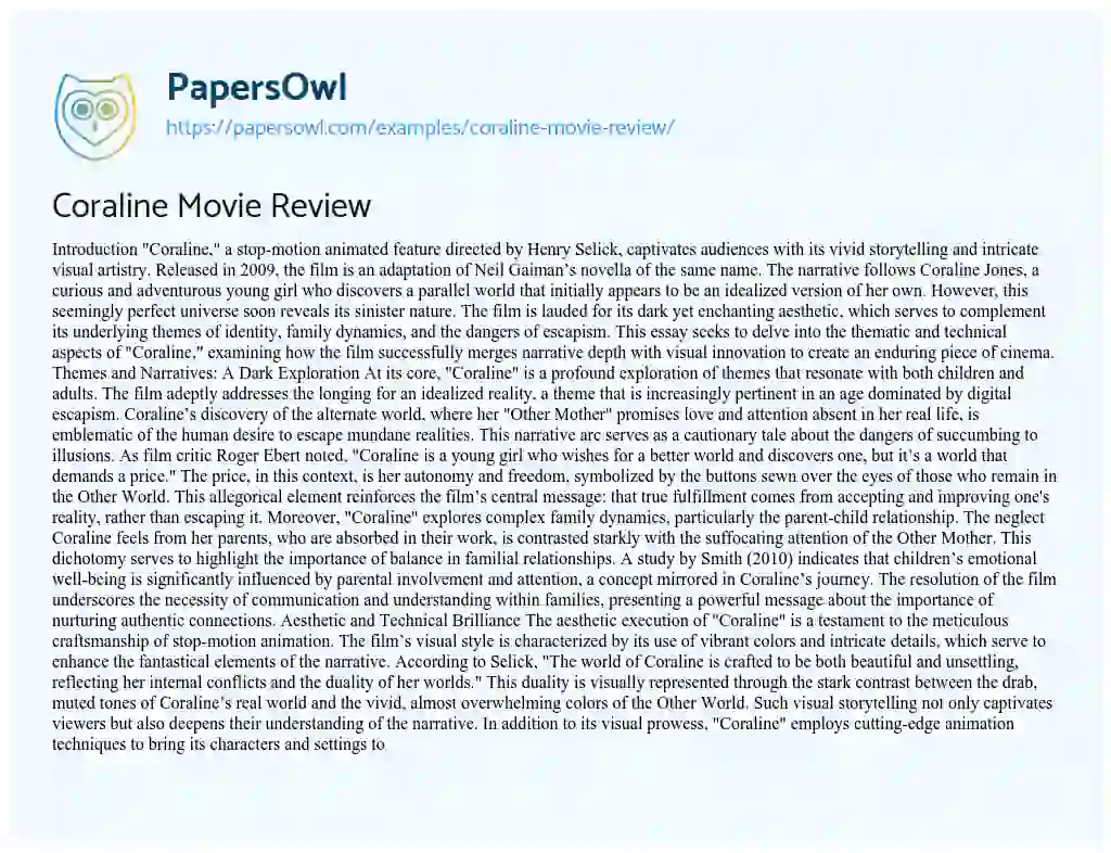 Essay on Coraline Movie Review
