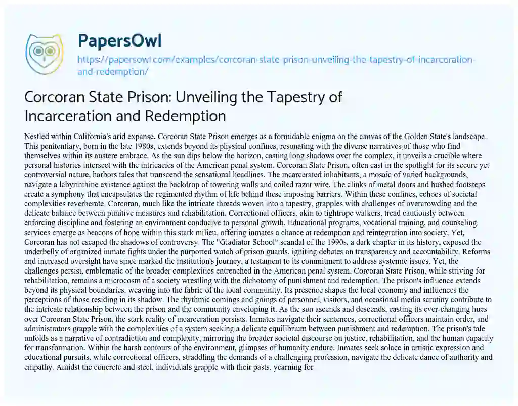 Essay on Corcoran State Prison: Unveiling the Tapestry of Incarceration and Redemption
