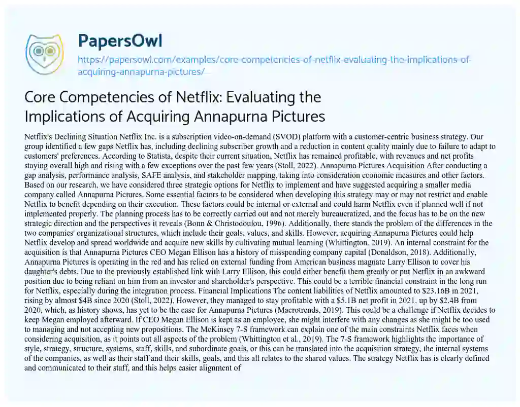 Essay on Core Competencies of Netflix: Evaluating the Implications of Acquiring Annapurna Pictures