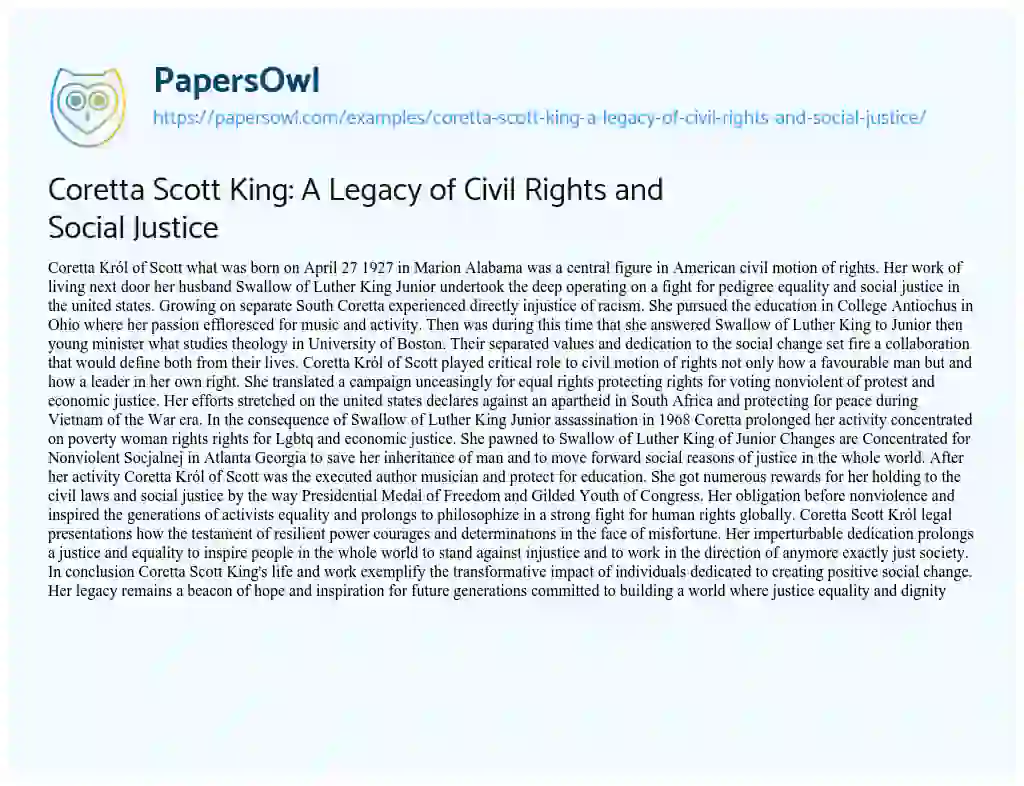 Essay on Coretta Scott King: a Legacy of Civil Rights and Social Justice