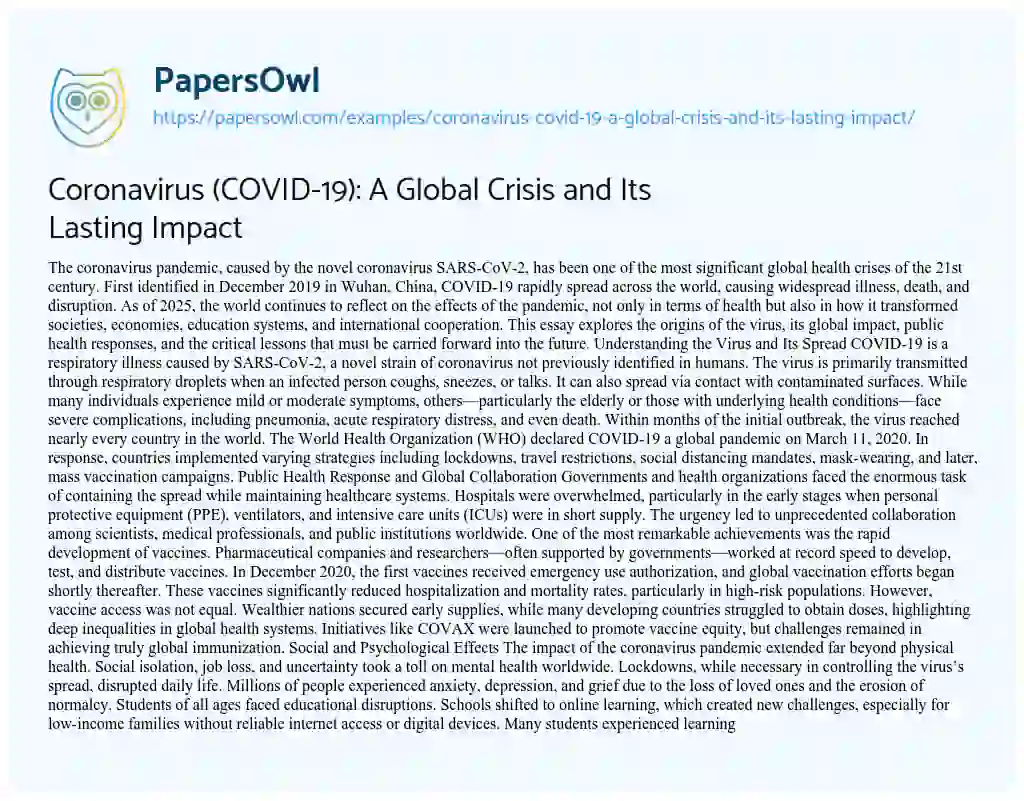 Essay on Coronavirus (COVID-19): A Global Crisis and Its Lasting Impact