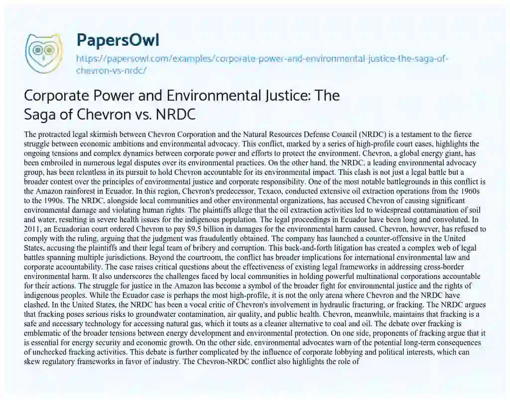Essay on Corporate Power and Environmental Justice: the Saga of Chevron Vs. NRDC