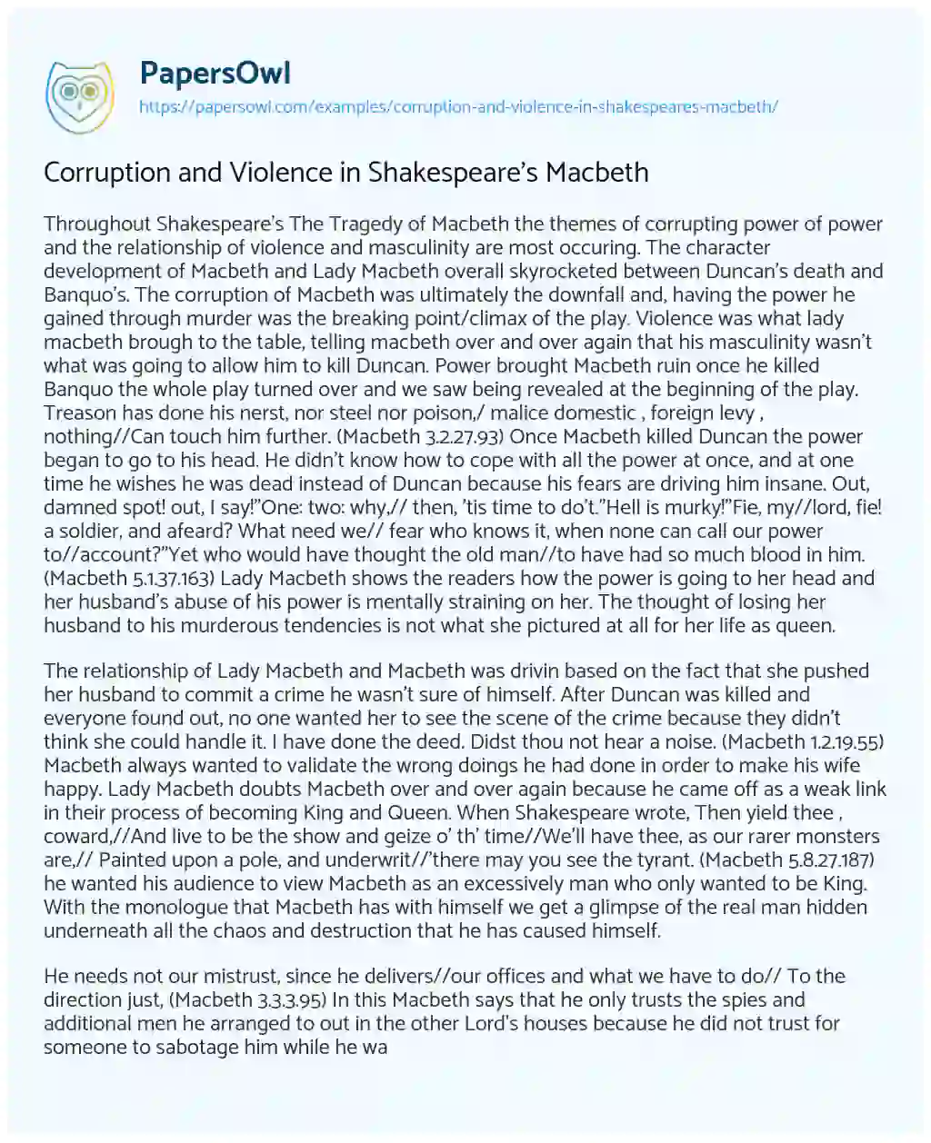 Corruption and Violence in Shakespeare’s Macbeth essay