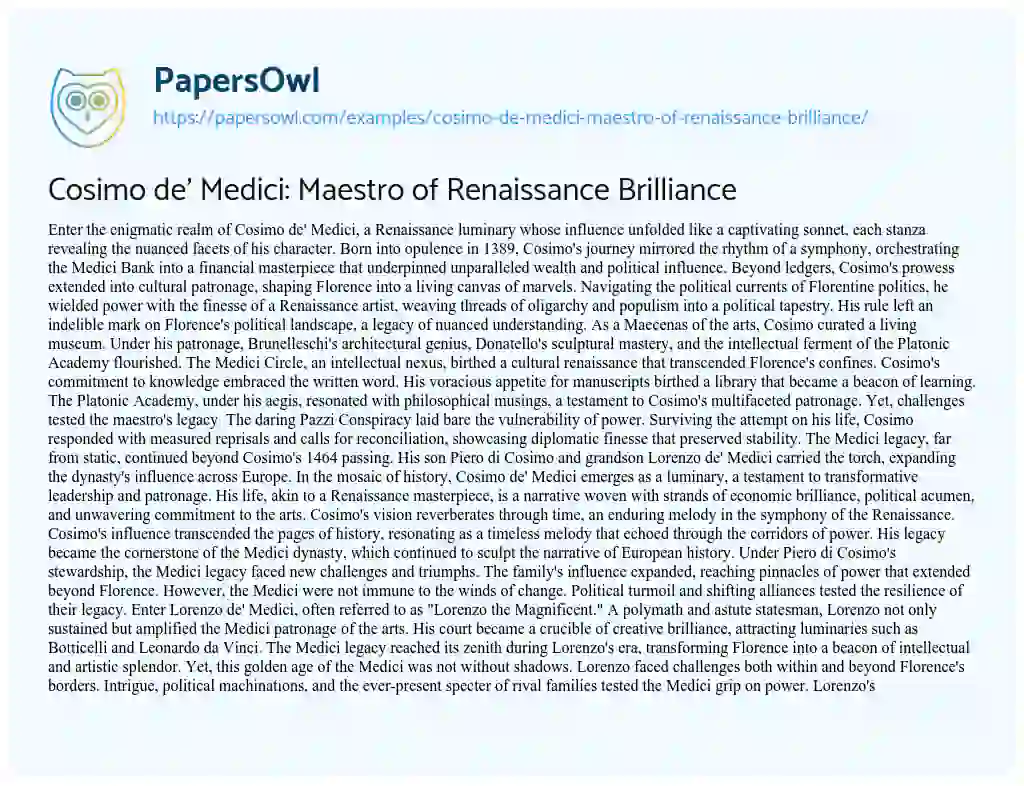 Essay on Cosimo De’ Medici: Maestro of Renaissance Brilliance