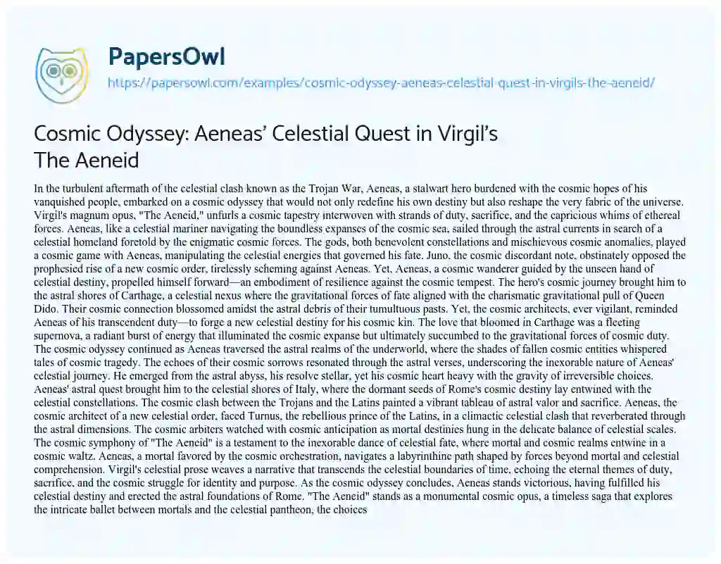 Essay on Cosmic Odyssey: Aeneas’ Celestial Quest in Virgil’s the Aeneid