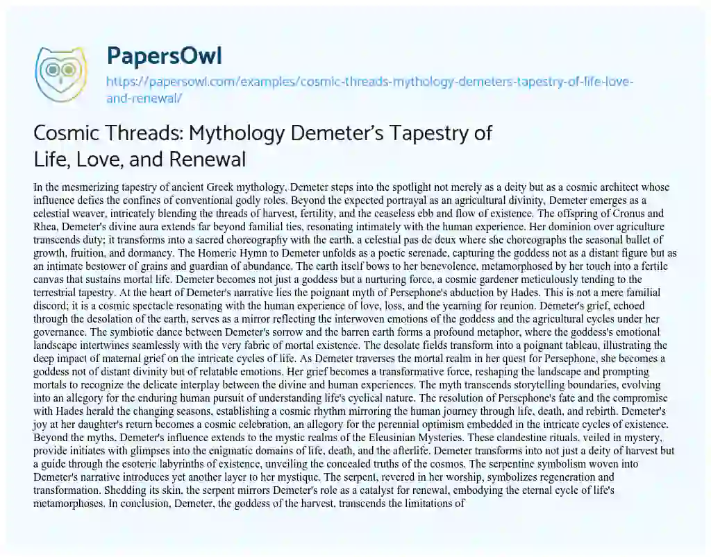 Essay on Cosmic Threads: Mythology Demeter’s Tapestry of Life, Love, and Renewal