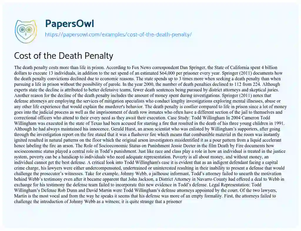 Cost of the Death Penalty essay