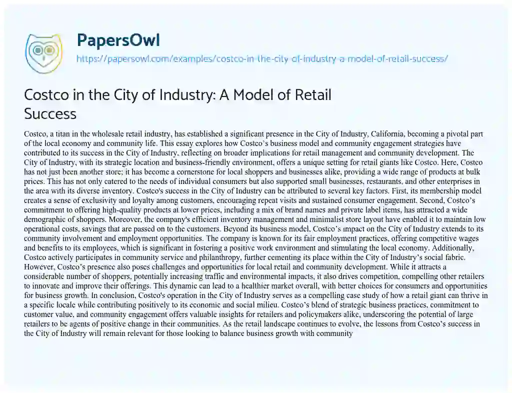 Essay on Costco in the City of Industry: a Model of Retail Success