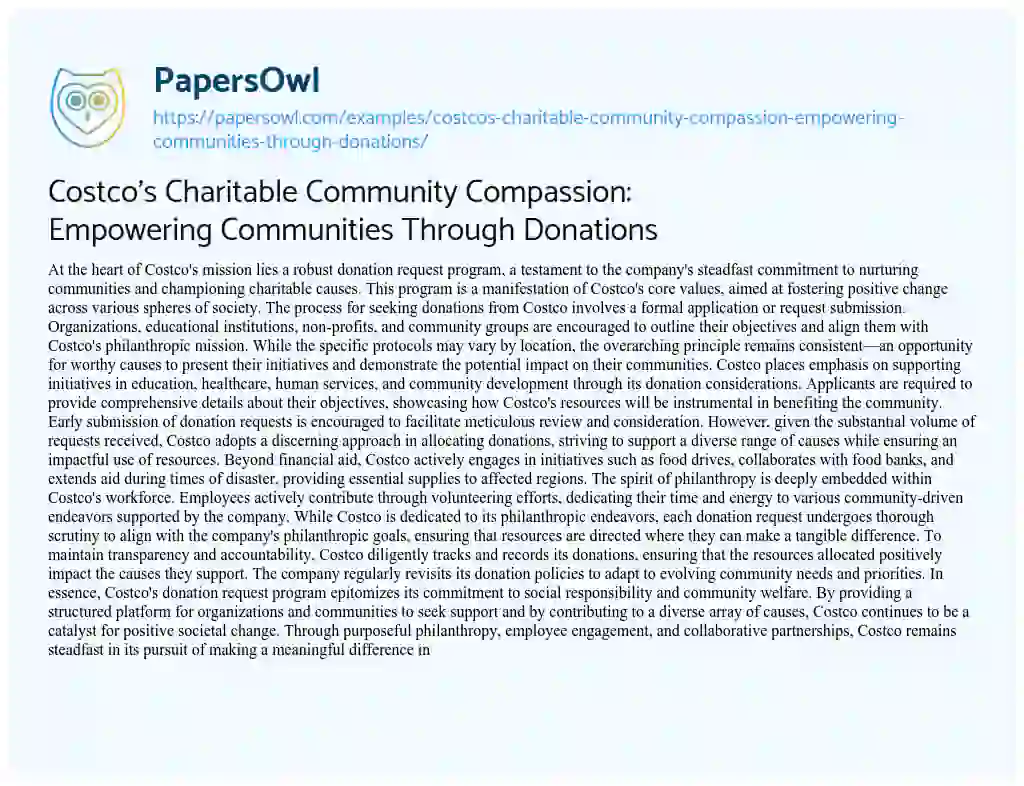 Essay on Costco’s Charitable Community Compassion: Empowering Communities through Donations