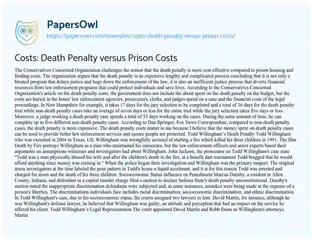 Essay on Costs: Death Penalty Versus Prison Costs