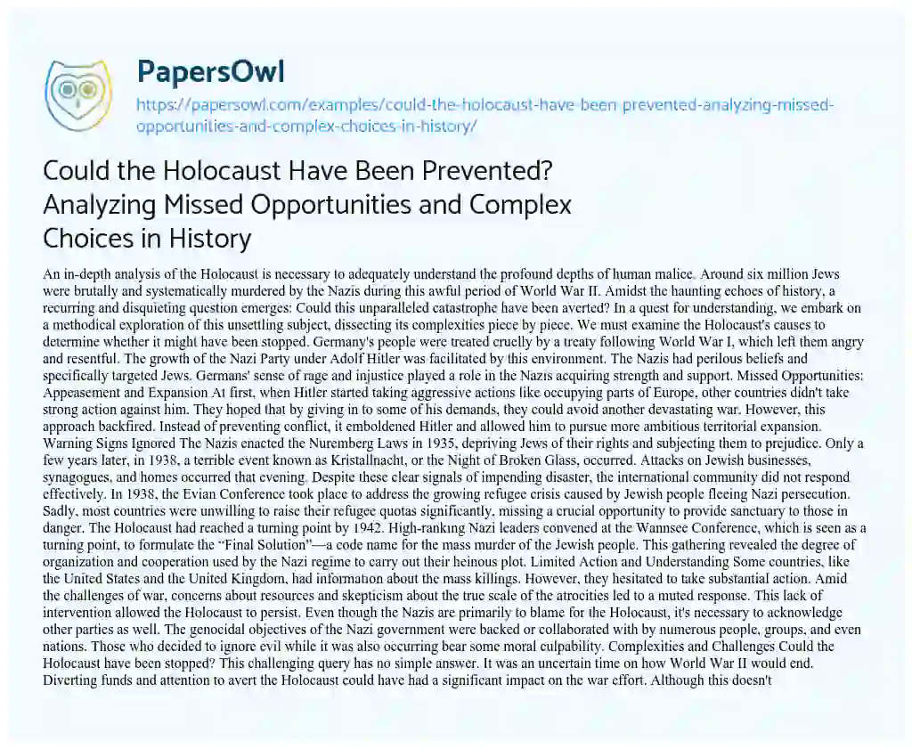 Essay on Could the Holocaust have been Prevented? Analyzing Missed Opportunities and Complex Choices in History