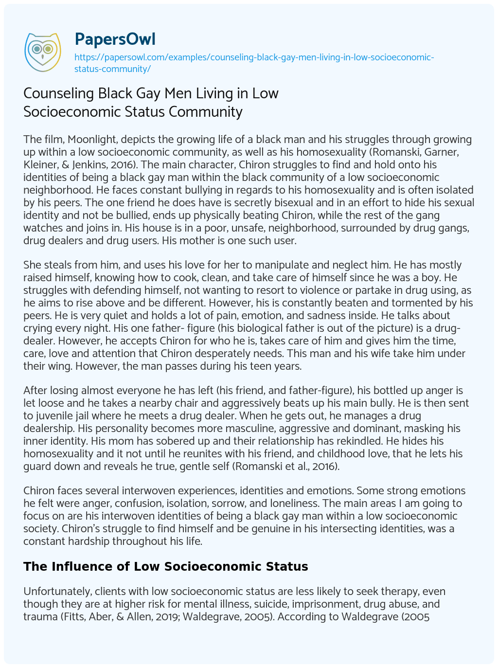 Essay on Counseling Black Gay Men Living in Low Socioeconomic Status Community