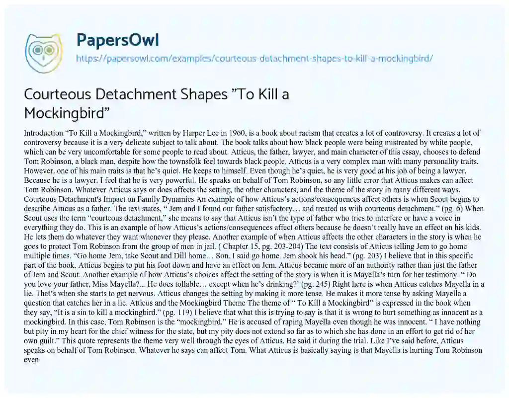 Essay on Courteous Detachment Shapes “To Kill a Mockingbird”