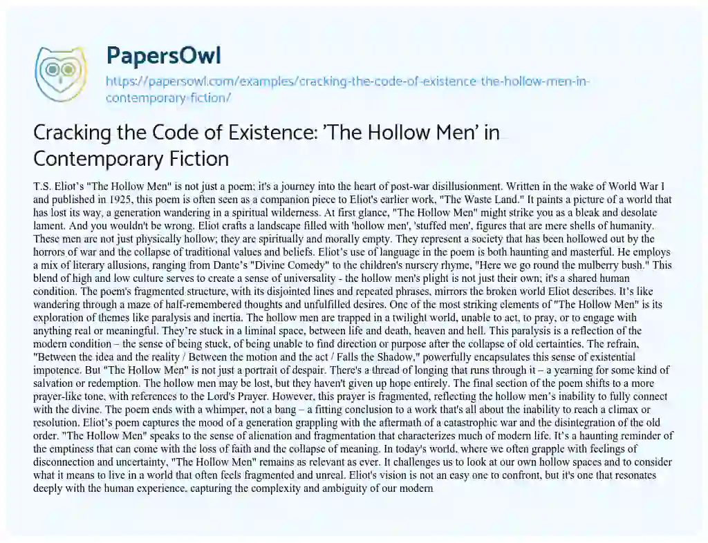 Essay on Cracking the Code of Existence: ‘The Hollow Men’ in Contemporary Fiction