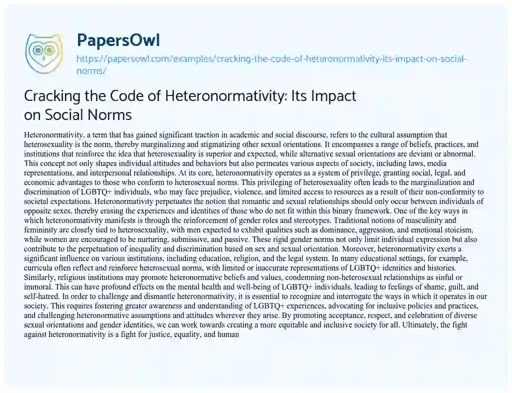 Essay on Cracking the Code of Heteronormativity: its Impact on Social Norms
