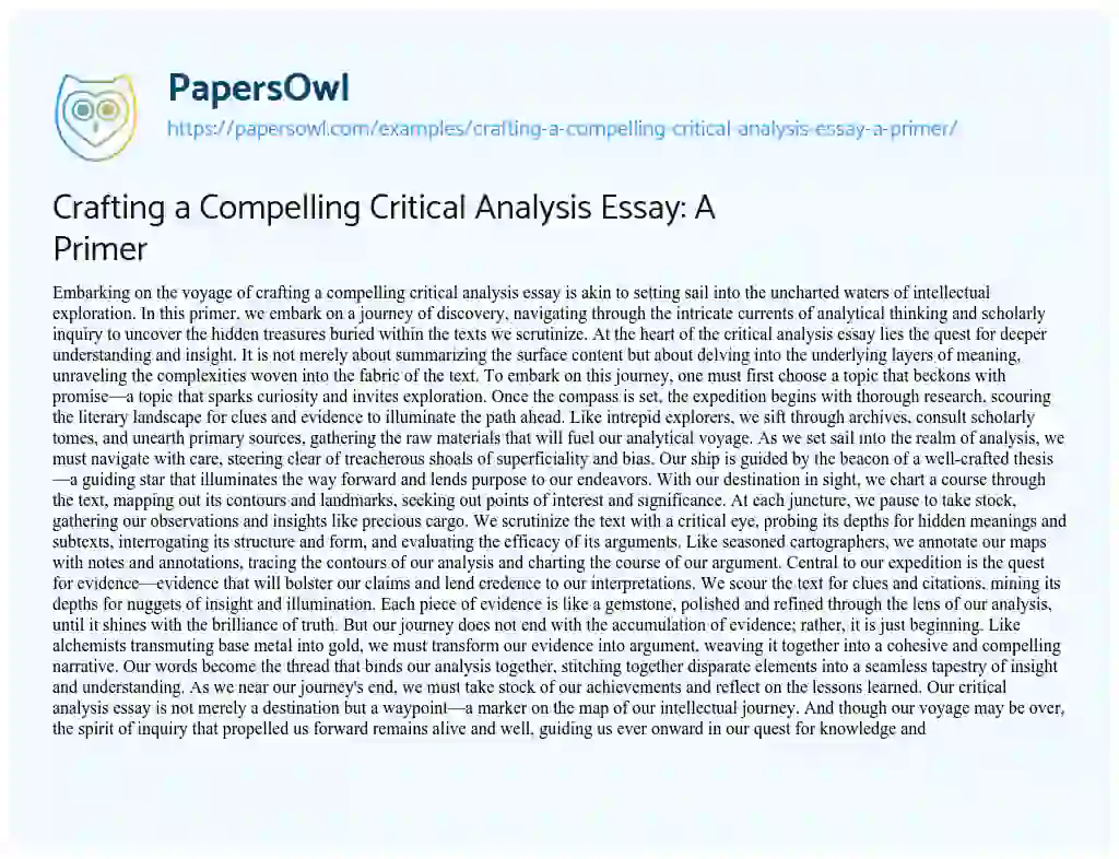 Essay on Crafting a Compelling Critical Analysis Essay: a Primer