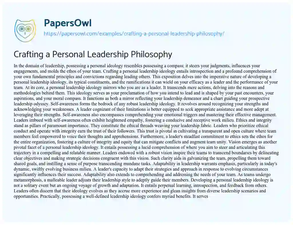 Essay on Crafting a Personal Leadership Philosophy