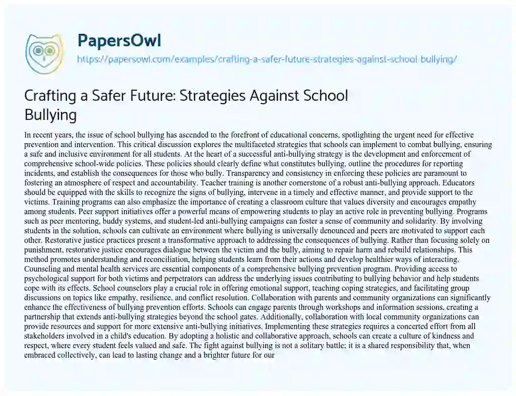 Essay on Crafting a Safer Future: Strategies against School Bullying