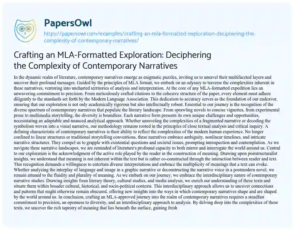 Essay on Crafting an MLA-Formatted Exploration: Deciphering the Complexity of Contemporary Narratives