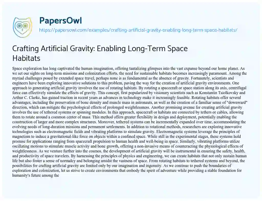 Essay on Crafting Artificial Gravity: Enabling Long-Term Space Habitats