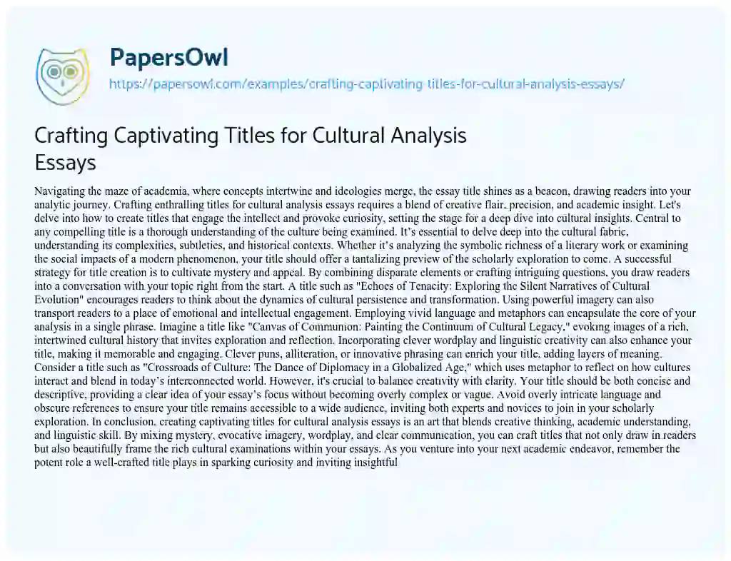 Essay on Crafting Captivating Titles for Cultural Analysis Essays