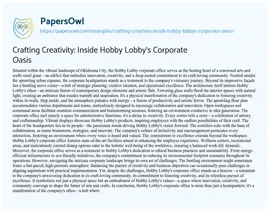 Essay on Crafting Creativity: Inside Hobby Lobby’s Corporate Oasis