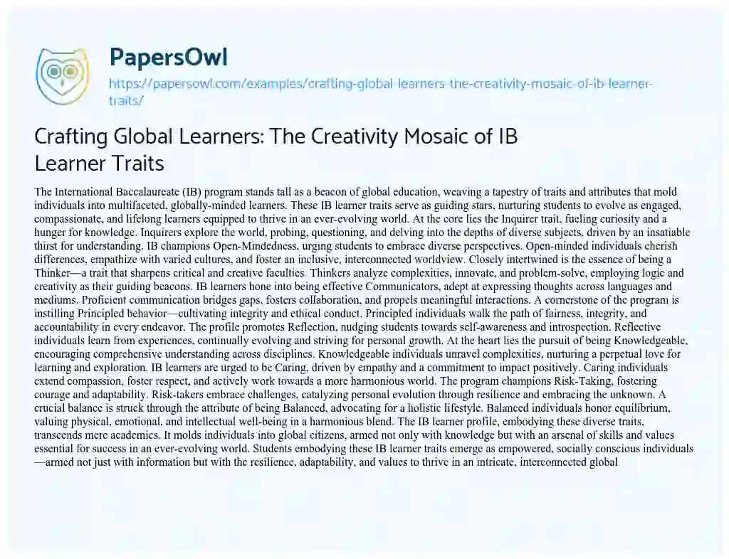 Essay on Crafting Global Learners: the Creativity Mosaic of IB Learner Traits