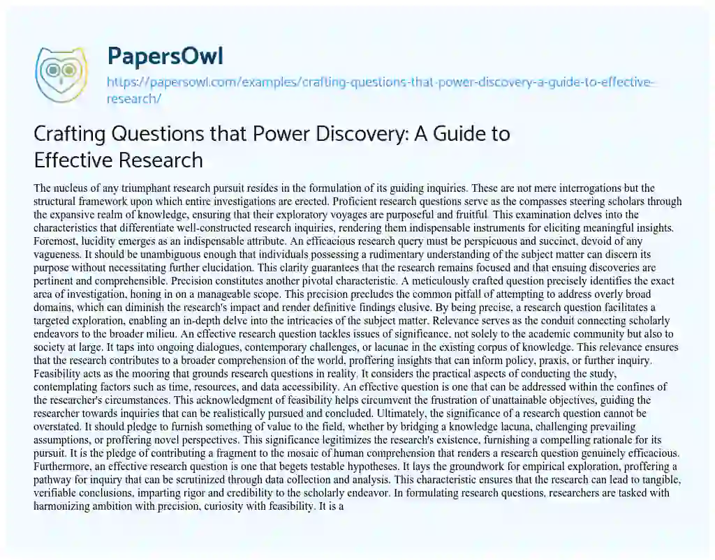 Essay on Crafting Questions that Power Discovery: a Guide to Effective Research