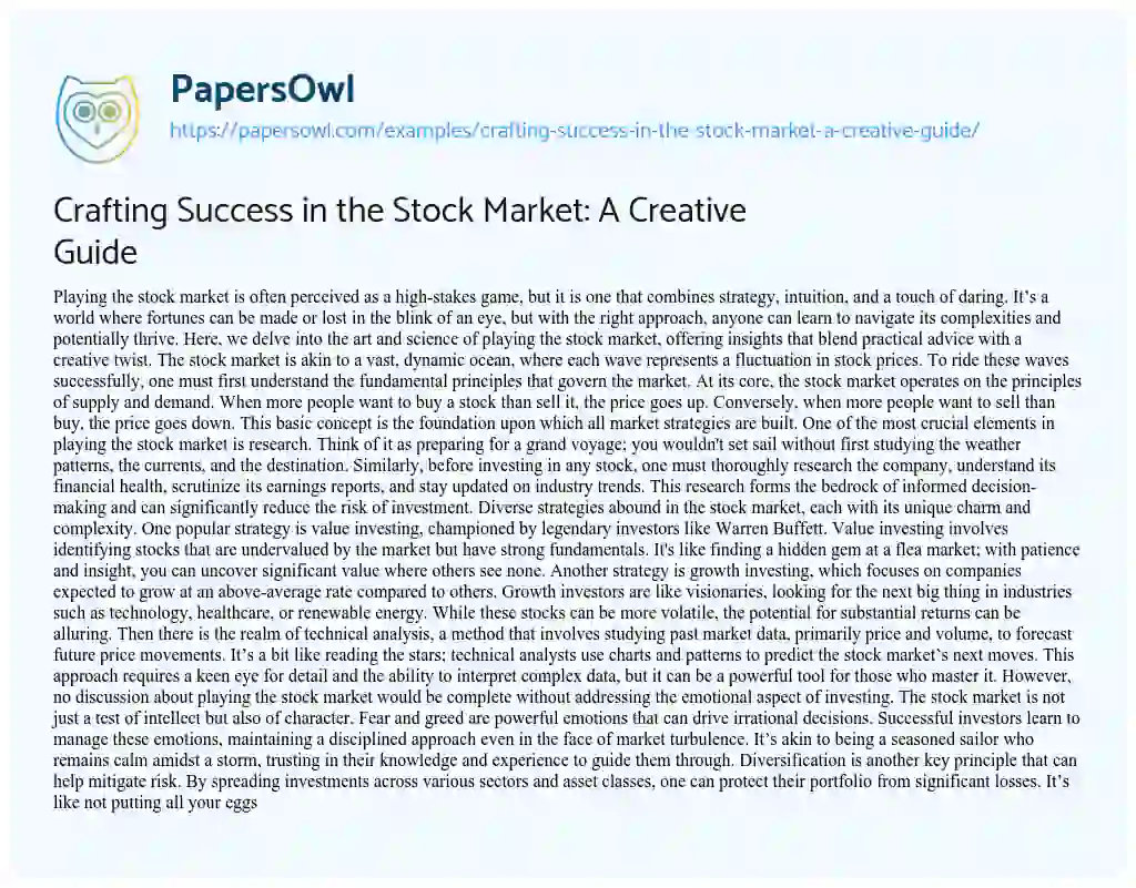 Essay on Crafting Success in the Stock Market: a Creative Guide