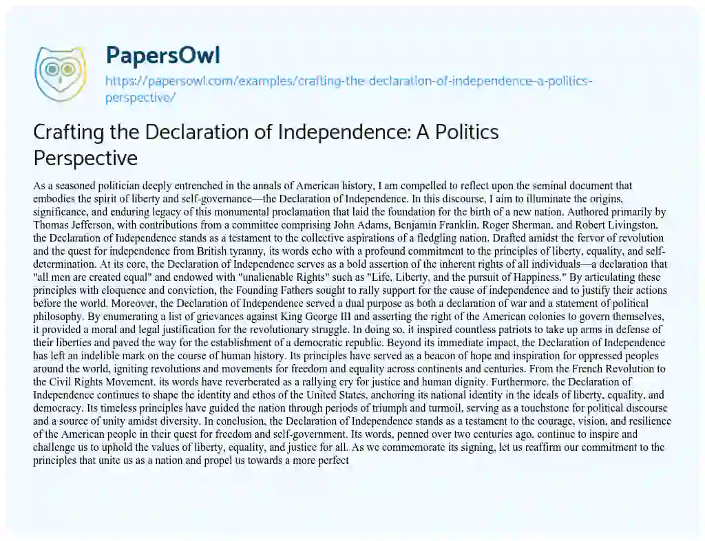 Essay on Crafting the Declaration of Independence: a Politics Perspective