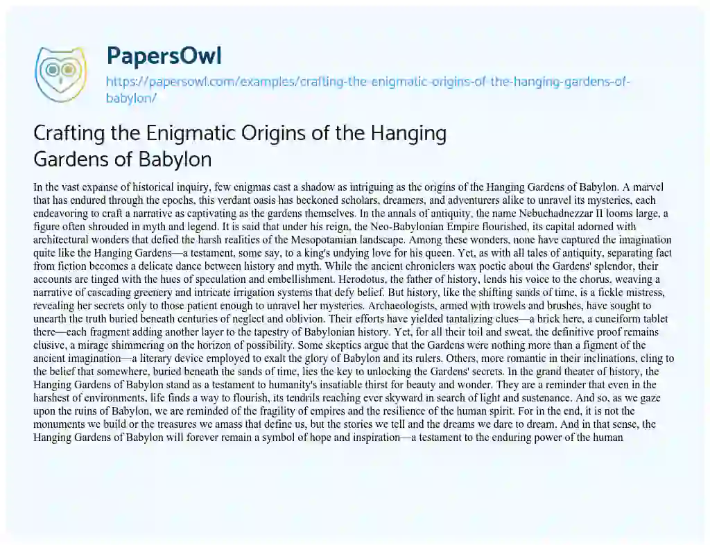 Essay on Crafting the Enigmatic Origins of the Hanging Gardens of Babylon